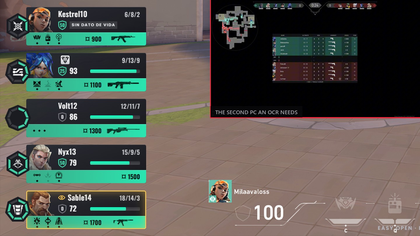 Five cards, each missing something different — health, nickname, agent, weapon and shield — with the idle spectator screen an OCR reader needs inset top right
